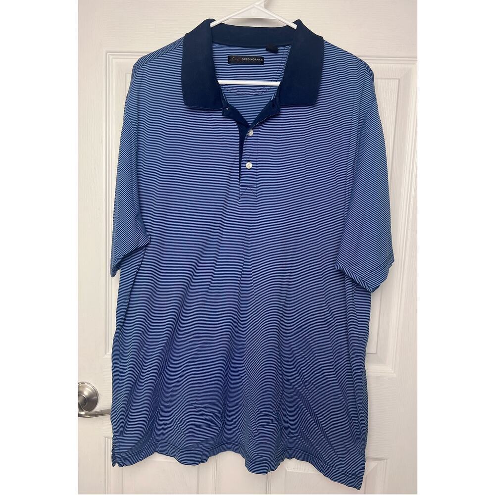Greg Norman Golf Polo Short Sleeve Blue Striped 100% Cotton Size XL